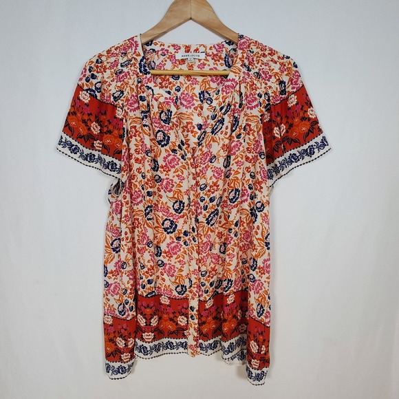 Rose + Olive Tops - Rose + Olive Women's 1X Floral Short Sleeve Hidden Button V-Neck Smocked Blouse